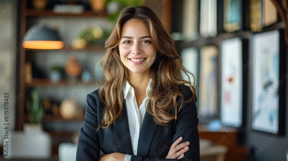 A professional woman dressed in business attire stands with her arms crossed, confidently smiling in a sleek, modern office space with contemporary decor and shelves behind her. A professional woman dressed in business attire stands with her arms crossed, confidently smiling in a sleek, modern office space with contemporary decor and shelves behind her.