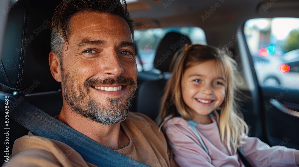 A joyous moment captured with a smiling father and daughter inside a car, highlighting their strong bond, warmth, and the happiness they share together. A joyous moment captured with a smiling father and daughter inside a car, highlighting their strong bond, warmth, and the happiness they share together.