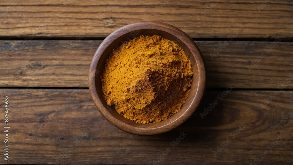 top view of curry powder in a small wooden plate isola background top view of curry powder in a small wooden plate isola background