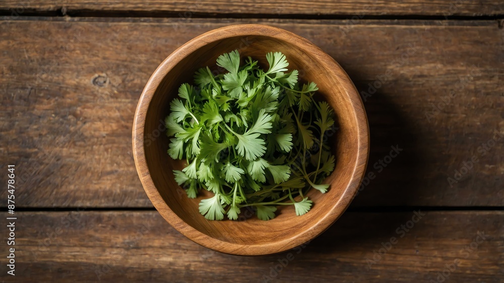 top view of coriander in a small wooden plate isolated background top view of coriander in a small wooden plate isolated background