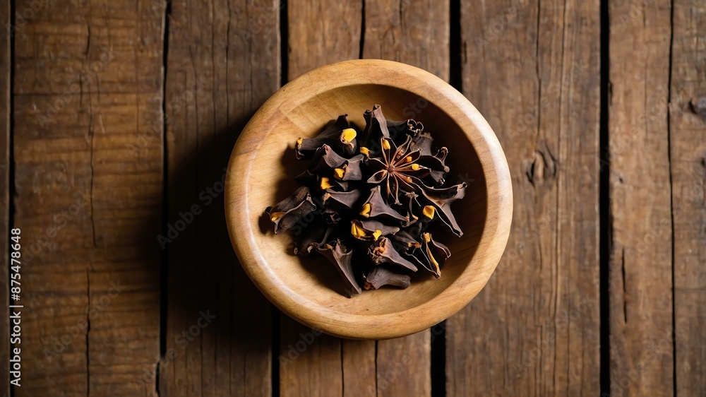 top view of cloves in a small wooden plate isolated on background top view of cloves in a small wooden plate isolated on background