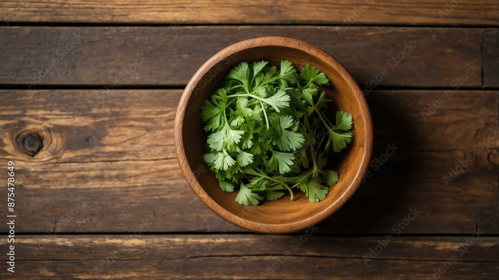 top view of coriander in a small wooden plate isolated background top view of coriander in a small wooden plate isolated background