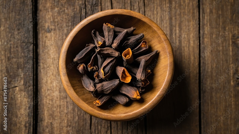 top view of cloves in a small wooden plate isolated on background top view of cloves in a small wooden plate isolated on background
