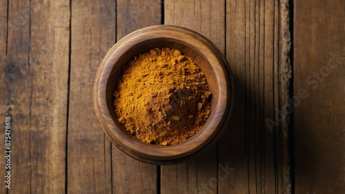 top view of curry powder in a small wooden plate isola background
