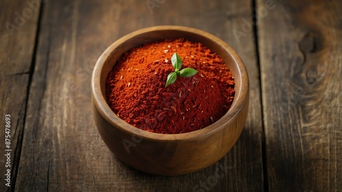 top view of cayenne pepper in a small wooden plate iso background