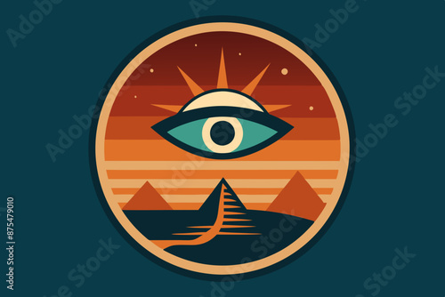 Circle artwork with t-shirt design, mysterious philosophical emblem of eye of horus with white background desert behind it 