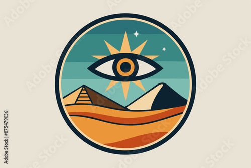 Circle artwork with t-shirt design, mysterious philosophical emblem of eye of horus with white background desert behind it 