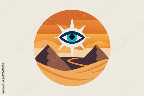 Circle artwork with t-shirt design, mysterious philosophical emblem of eye of horus with white background desert behind it 