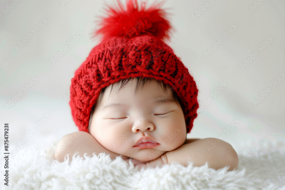 Newborn baby sleeping on a white blanket wearing Newborn baby sleeping on a white blanket wearing