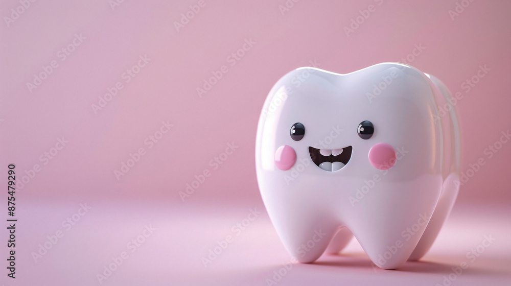 Smiling cartoon tooth with pink cheeks on a light pink background, representing dental care and hygiene Smiling cartoon tooth with pink cheeks on a light pink background, representing dental care and hygiene