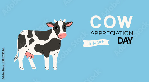 Black spotted white cow standing. Hand drawn cartoon farm animal. Cute illustration for children book isolated on light blue background. Cow appreciation day on july 9th