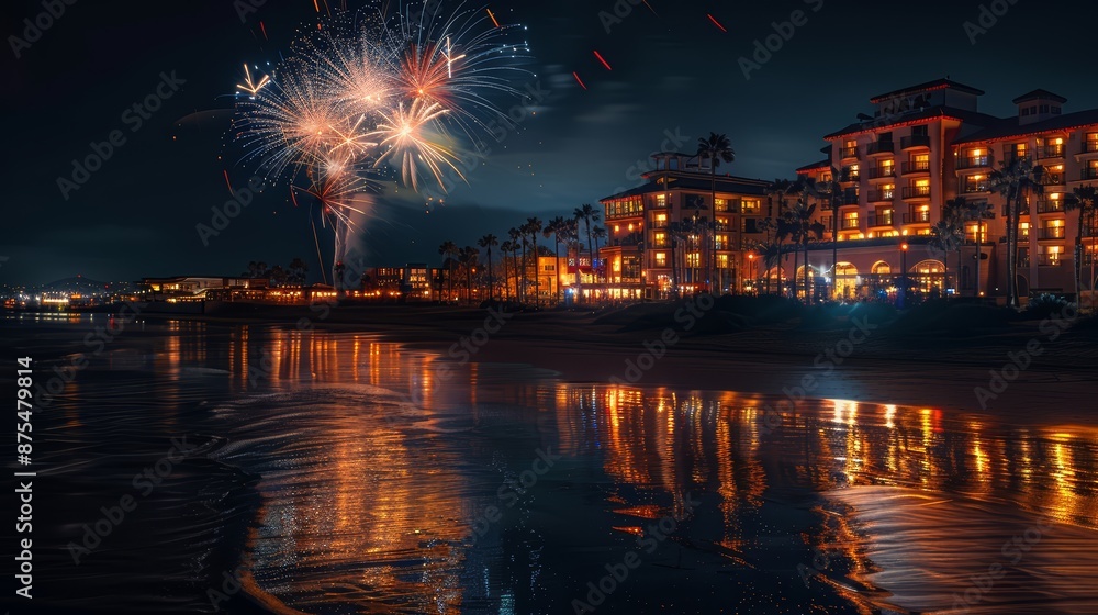 Fireworks reflecting off the windows of beachfront hotels and restaurants Fireworks reflecting off the windows of beachfront hotels and restaurants