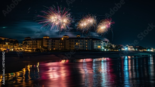 Wallpaper Mural Fireworks reflecting off the windows of beachfront hotels and restaurants Torontodigital.ca