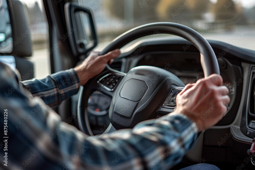 Driver is at work. Man is driving. Only hands, steering wheel and windshield are visible. View from the cockpit. Driver is at work. Man is driving. Only hands, steering wheel and windshield are visible. View from the cockpit.