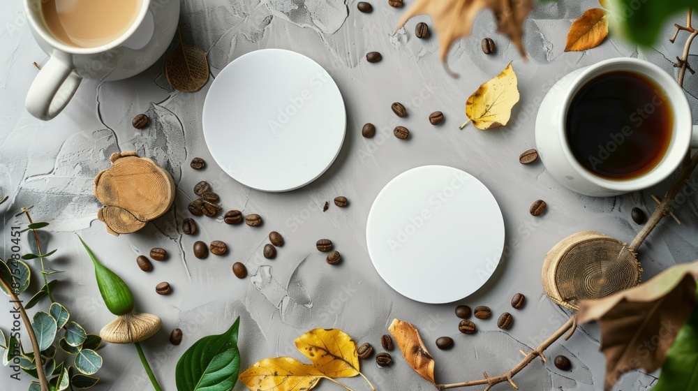 A white coaster with a cinnamon stick on it sits on a grey surface. Generate AI image A white coaster with a cinnamon stick on it sits on a grey surface. Generate AI image