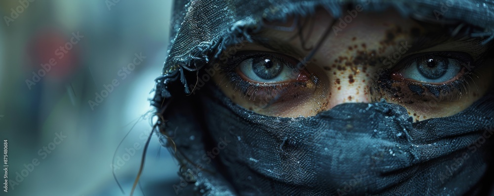 Intense gaze through a concealed identity: Portrait of a person with a veiled face Intense gaze through a concealed identity: Portrait of a person with a veiled face