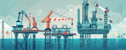 Futuristic offshore platforms with cranes and technology in a stylized illustration