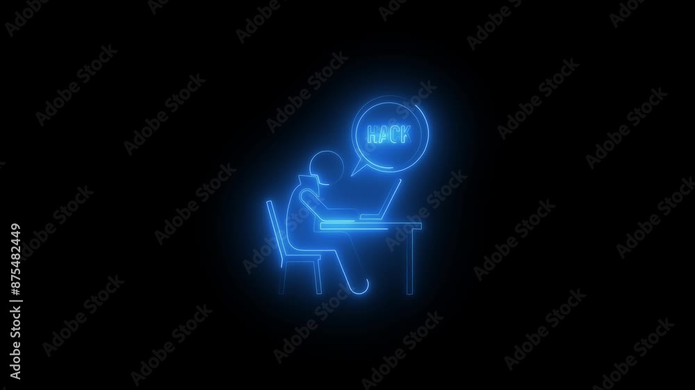 neon light man working on laptop symbol, Pictogram man sits at a table and working at laptop motion background. neon light man working on laptop symbol, Pictogram man sits at a table and working at laptop motion background.