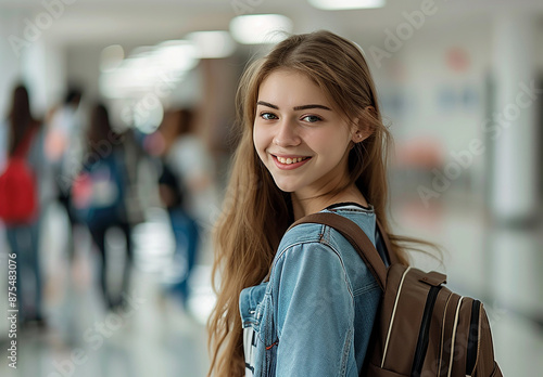 Photo of young beautiful smiling student , college woman girl