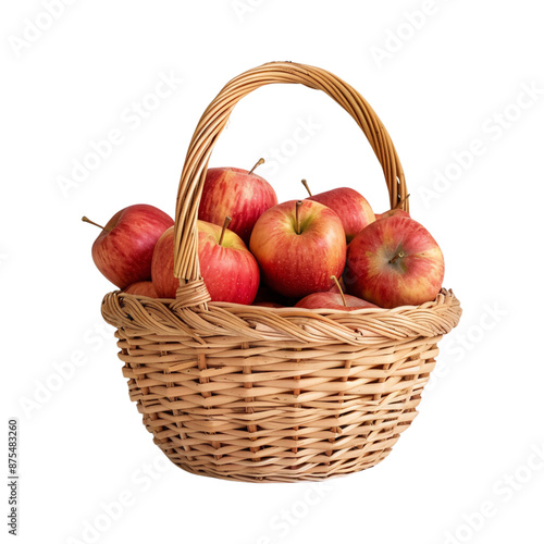 A basket overflowing with fresh, ripe red apples sits isolated on a white background