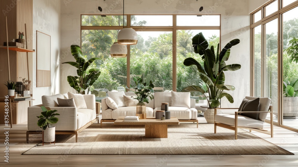 A large living room with a white couch, a coffee table, and a potted plant. Generate AI image A large living room with a white couch, a coffee table, and a potted plant. Generate AI image