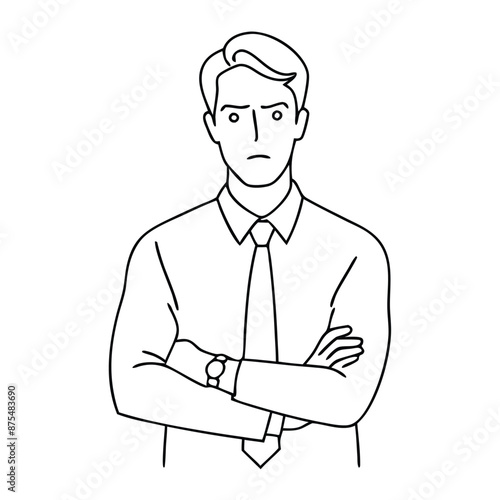 single line drawing of a businessman with his arms crossed, focusing on line art vector illustration 