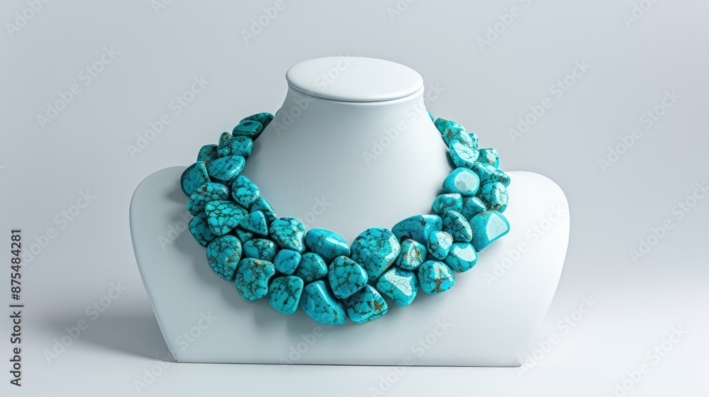 A necklace made of blue and white stones is displayed on a white mannequin. Generate AI image
