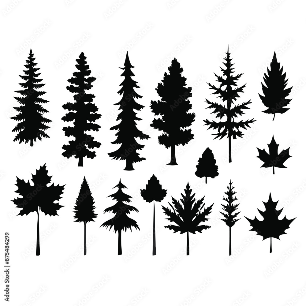 Fototapeta premium various deciduous trees silhouettes on a white background isolated from any distractions 
