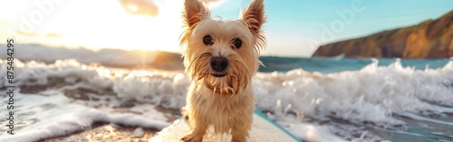 Maltese Surfing on Ocean Waves with Surf Board