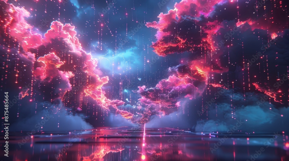 Obraz premium Abstract Cloud Storage Concept With Digital Rain And Glowing Clouds. Generative AI