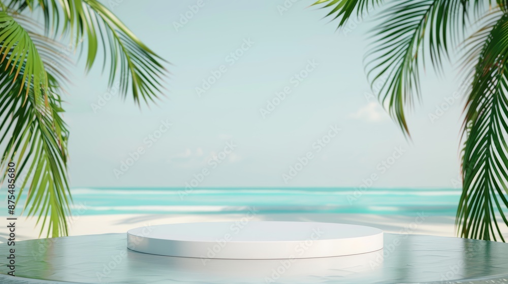 Elegant 3D podium set against a tropical beach backdrop, detailed with palm trees and a serene ocean, high resolution, 8k, focus cover all object, deep dept of field Elegant 3D podium set against a tropical beach backdrop, detailed with palm trees and a serene ocean, high resolution, 8k, focus cover all object, deep dept of field