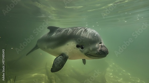 Yangtze finless porpoise swimming in a river, endangered species photo