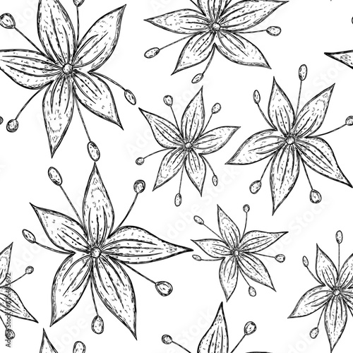 Vintage seamless pattern with cocoa flower in hand drawn sketch style
