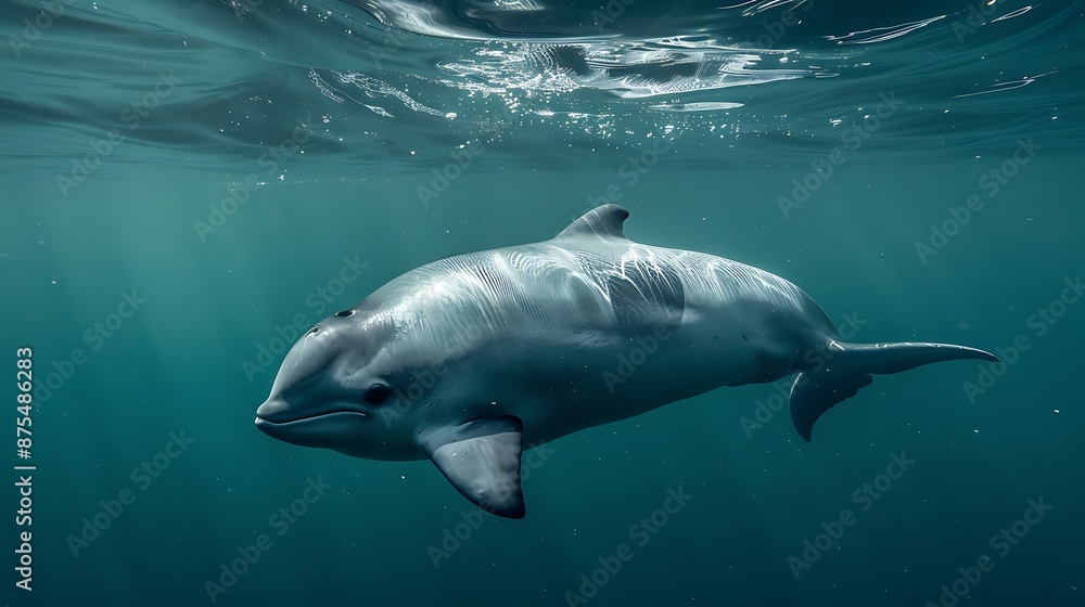 Fototapeta premium Yangtze finless porpoise swimming in a river, endangered species
