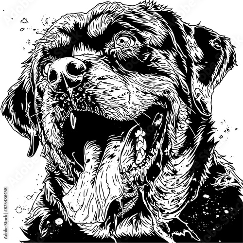 Vintage engraving isolated mad dog illustration ink sketch.  Background animal silhouette art. Black and white hand drawn image
