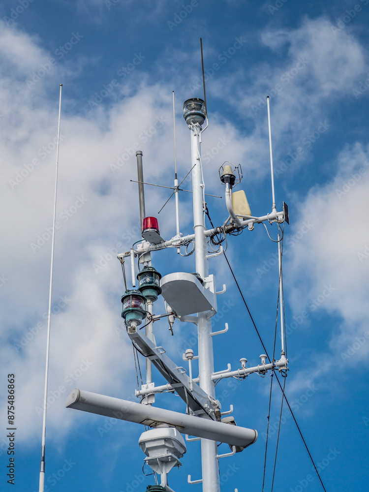 Closeup of ship navigation mast with marine navigation equipment Closeup of ship navigation mast with marine navigation equipment