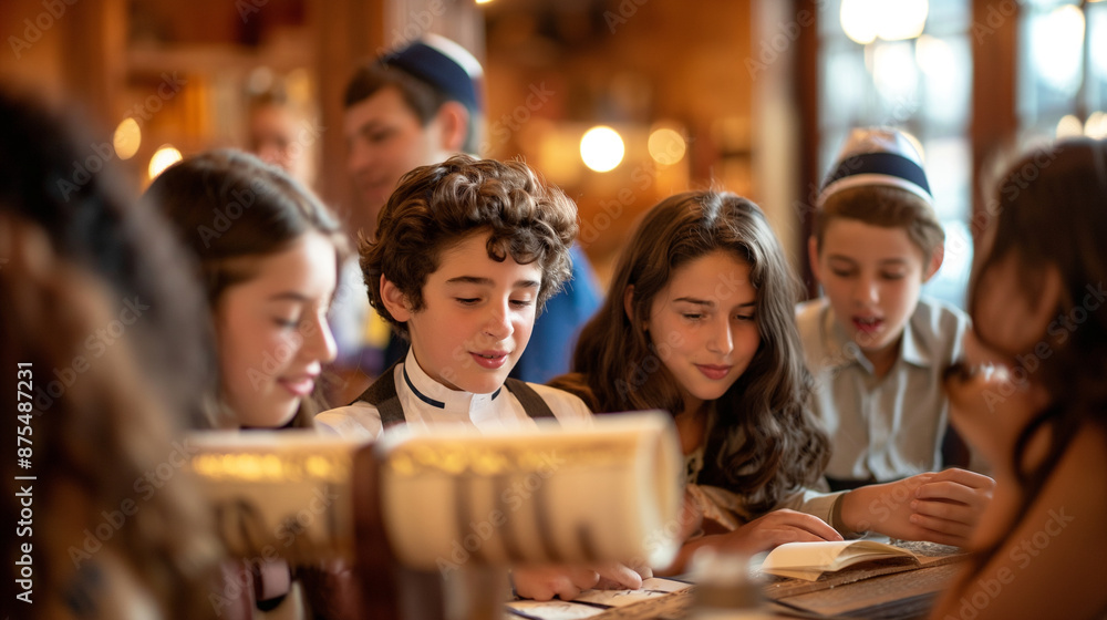 A Bar/Bat Mitzvah celebration with the young person reading from the Torah, surrounded by family and friends with copy space A Bar/Bat Mitzvah celebration with the young person reading from the Torah, surrounded by family and friends with copy space