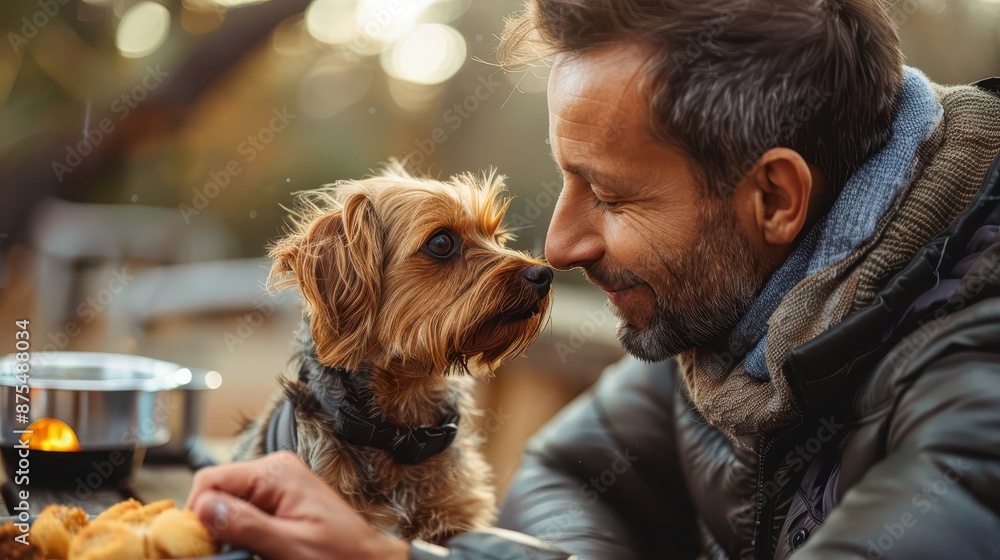 A man, partially seen, sits outdoors with his small brown dog on a lap, enjoying a snack. The image showcases companionship, relaxation, and a peaceful outdoor moment. A man, partially seen, sits outdoors with his small brown dog on a lap, enjoying a snack. The image showcases companionship, relaxation, and a peaceful outdoor moment.