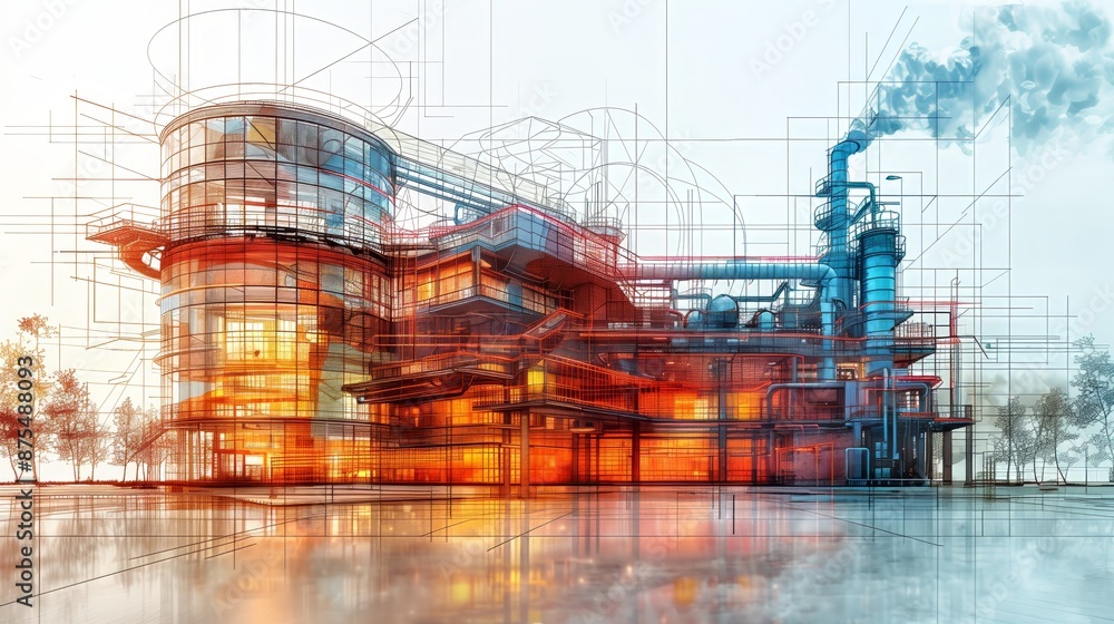 an operational industrial plant with its architectural blueprint. The illustration showcases the intricate details of industrial engineering and construction planning an operational industrial plant with its architectural blueprint. The illustration showcases the intricate details of industrial engineering and construction planning