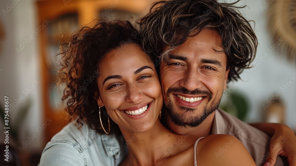 A happy couple stands close together inside their home, smiling warmly at the camera, showcasing their bright faces and strong connection in a cozy, personal setting. A happy couple stands close together inside their home, smiling warmly at the camera, showcasing their bright faces and strong connection in a cozy, personal setting.