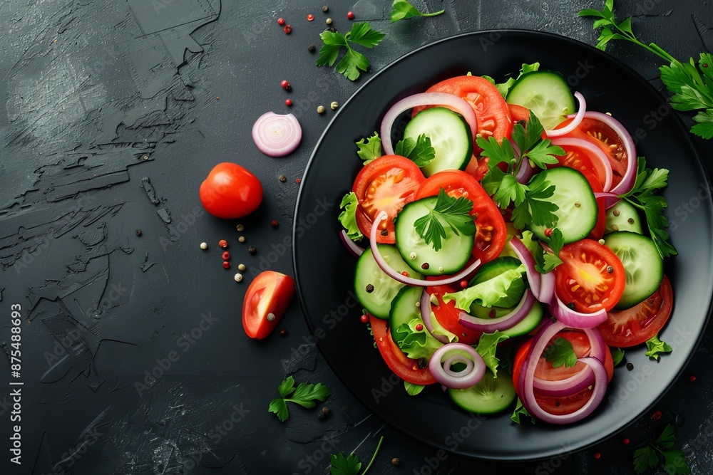Top view of a healthy vegetable salad on a plate with fresh tomato, cucumber, onion, spinach, lettuce, and sesame seeds. Diet menu on a plate. Top view of a healthy vegetable salad on a plate with fresh tomato, cucumber, onion, spinach, lettuce, and sesame seeds. Diet menu on a plate.