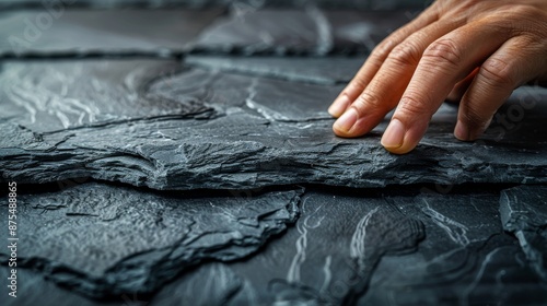 On an adhesive surface, a worker places dark grey ceramic floor tiles © Halina Berah