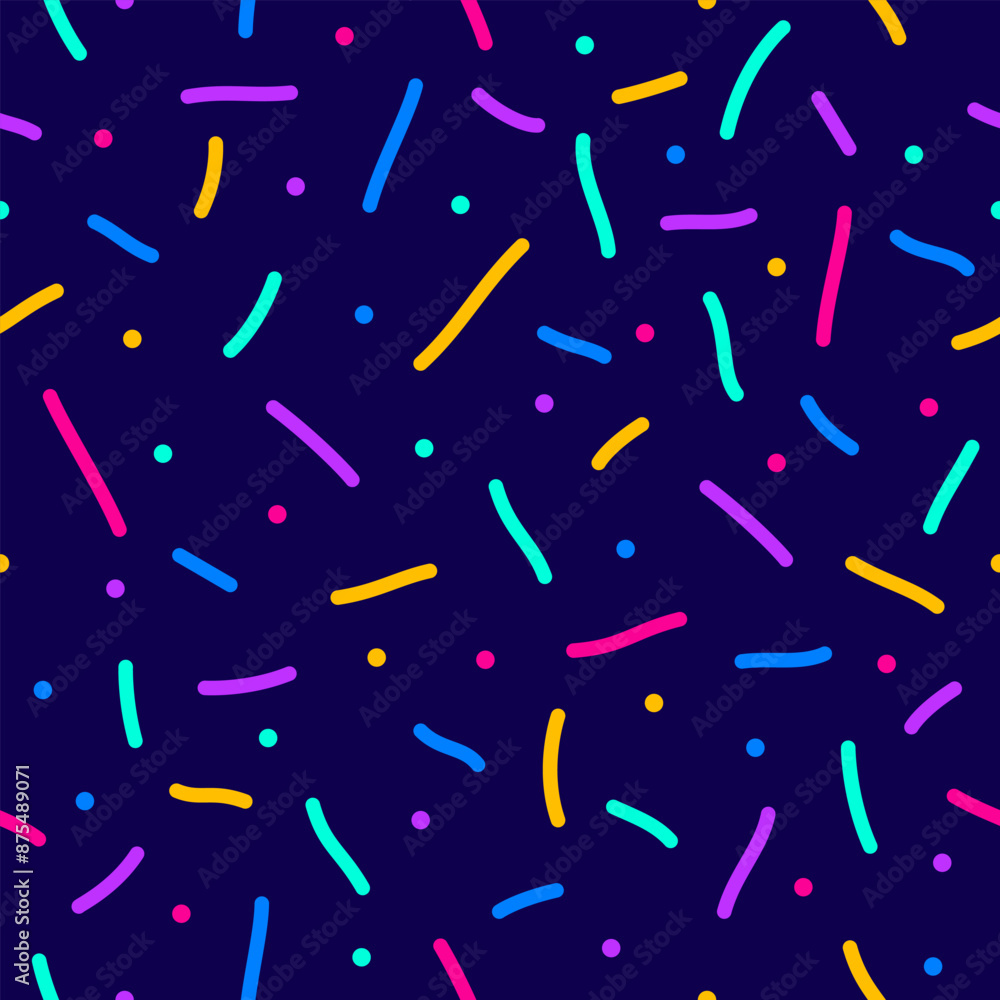 Confetti seamless vector pattern. Geometric kid style background with different geometric shapes. Memphis seamless confetti pattern. Bright and colorful, 90s style. Vector background Confetti seamless vector pattern. Geometric kid style background with different geometric shapes. Memphis seamless confetti pattern. Bright and colorful, 90s style. Vector background