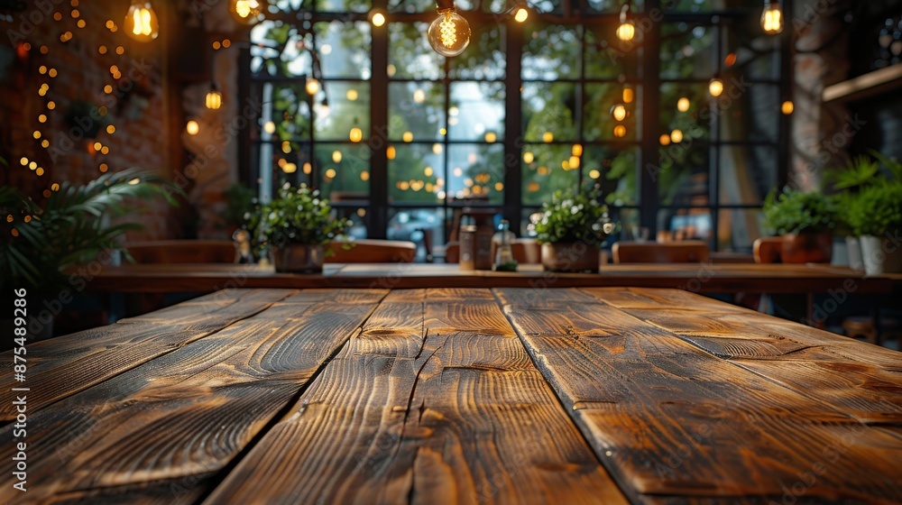 On a blurred restaurant background, an empty wooden tabletop with lights bokeh is framed by a blurry wooden table top. On a blurred restaurant background, an empty wooden tabletop with lights bokeh is framed by a blurry wooden table top.