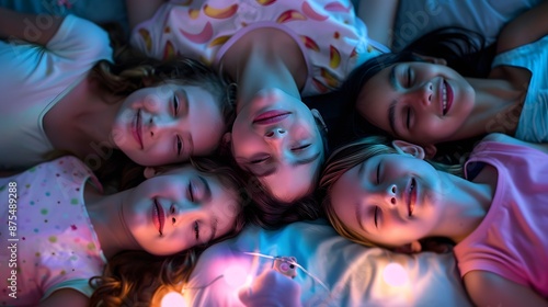 Little gal pals having fun at slumber party. Primary students making pajama home event celebration