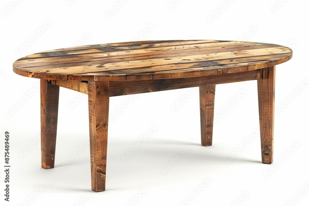 Isolated wood modern dining table against a white background. The front view of this dining table is from the side. Isolated wood modern dining table against a white background. The front view of this dining table is from the side.