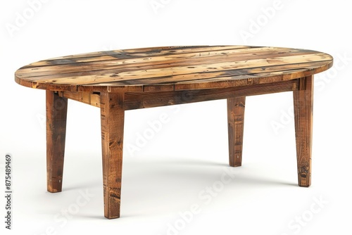 Isolated wood modern dining table against a white background. The front view of this dining table is from the side.