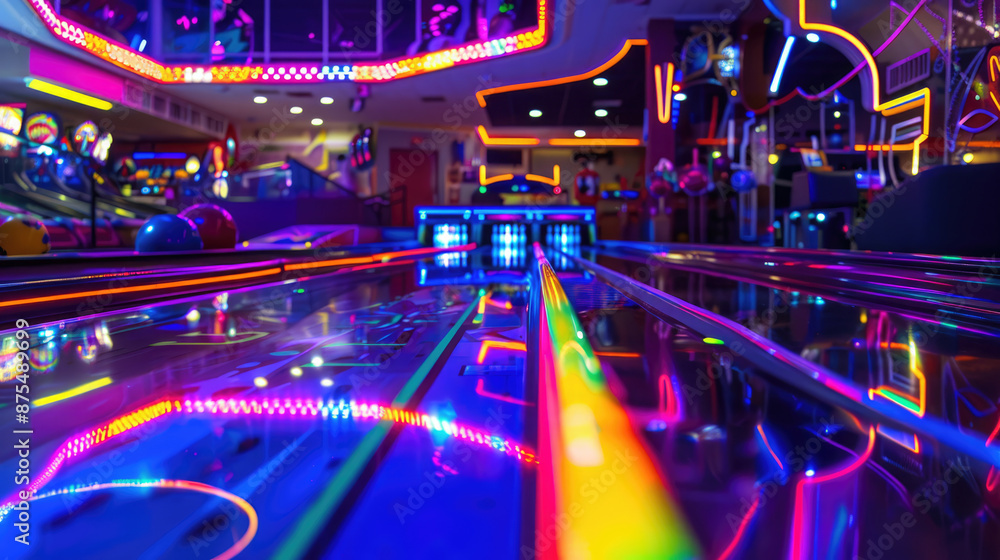 Neon arcade with pinball machines and colorful lights for fun gaming experience Neon arcade with pinball machines and colorful lights for fun gaming experience