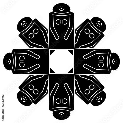 Round geometrical mandala or ethnic frame with Neolithic female figurines. Tuscany idol from Fivizzano, Italy. Black and white silhouette.