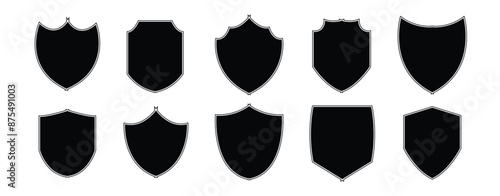 Shields set. Collection of security shield icons with contours and linear signs. Design elements for concept of safety and protection on white background in eps 10.